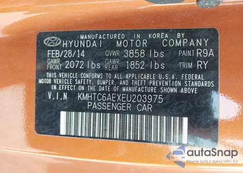 2014 Hyundai Veloster Turbo W/Black from USA, damaged, VIN KMHTC6AEXEU203975